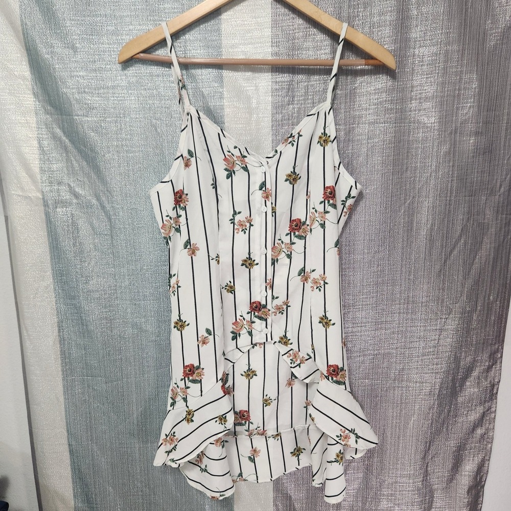 Boho Festival Hayden LA Ditzy Floral Striped Ruffle High Low Cami Top White M